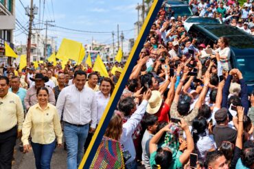 Fotoarte editorial sobre las resoluciones del TEPJF: multas al PRD Tabasco y desechamiento de la denuncia de Movimiento Ciudadano por la gira de Claudia Sheinbaum.
