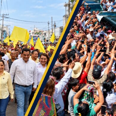 Fotoarte editorial sobre las resoluciones del TEPJF: multas al PRD Tabasco y desechamiento de la denuncia de Movimiento Ciudadano por la gira de Claudia Sheinbaum.