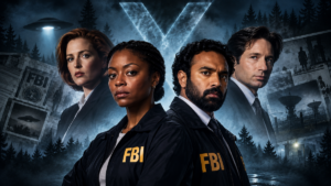 Ilustración conceptual de los nuevos agentes de The X-Files junto a Mulder y Scully.