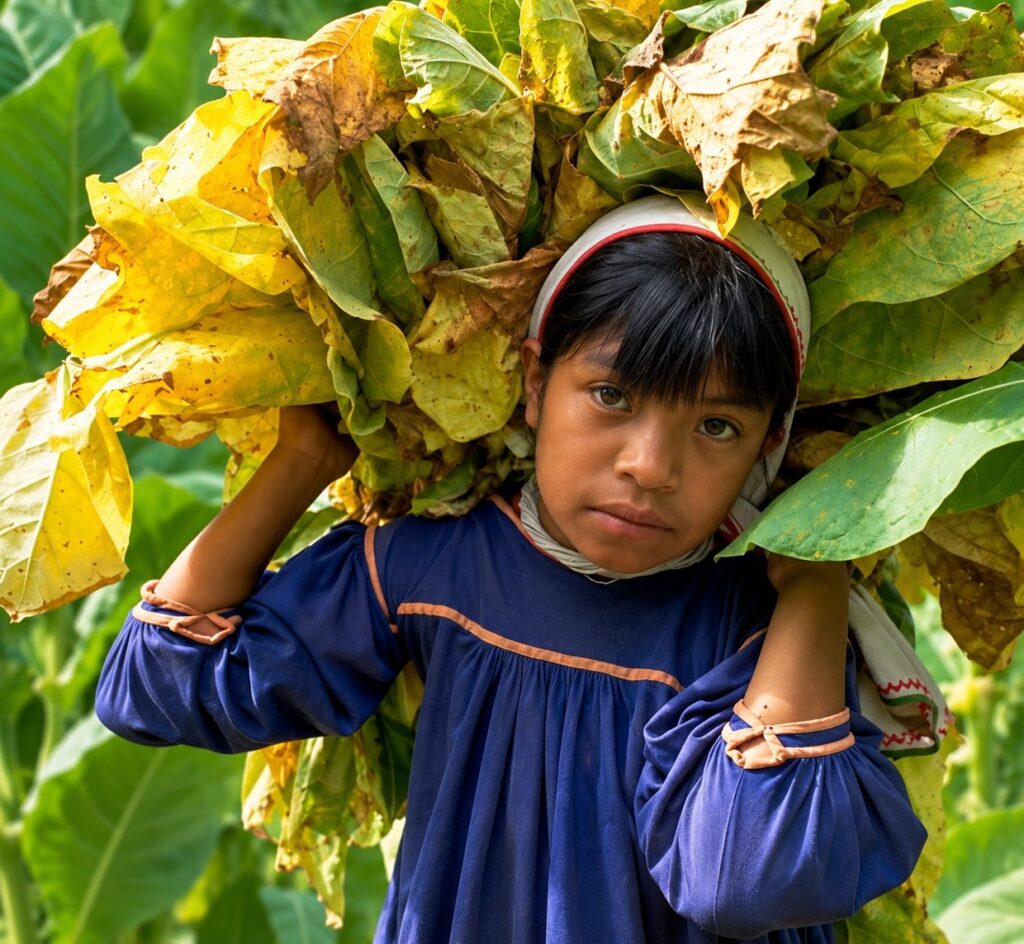 Niña carga un volumen considerable de hojas recolectadas en el campo, fotografía acreditada a UNICEF y Hernández-Claire.