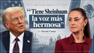 Fotoarte editorial de Donald Trump y Claudia Sheinbaum, con la frase del presidente estadounidense: «Tiene Sheinbaum la voz más hermosa», sobre un fondo azul plomo con elementos de México y Estados Unidos.