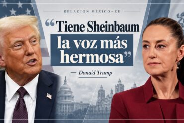 Fotoarte editorial de Donald Trump y Claudia Sheinbaum, con la frase del presidente estadounidense: «Tiene Sheinbaum la voz más hermosa», sobre un fondo azul plomo con elementos de México y Estados Unidos.