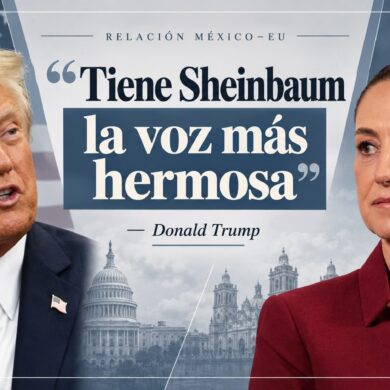 Fotoarte editorial de Donald Trump y Claudia Sheinbaum, con la frase del presidente estadounidense: «Tiene Sheinbaum la voz más hermosa», sobre un fondo azul plomo con elementos de México y Estados Unidos.
