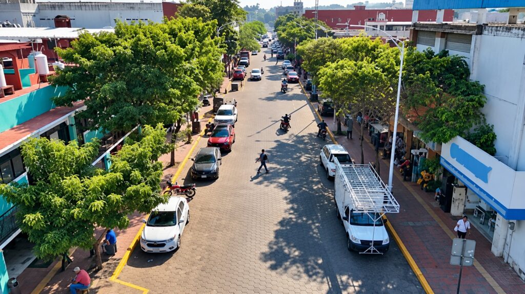 Vista aérea de una calle arbolada de Villahermosa, con autos estacionados y personas caminando.