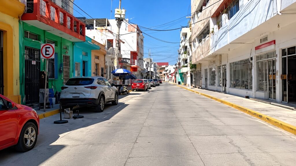 Calle de Villahermosa sin gente, con autos estacionados bajo un cielo despejado.