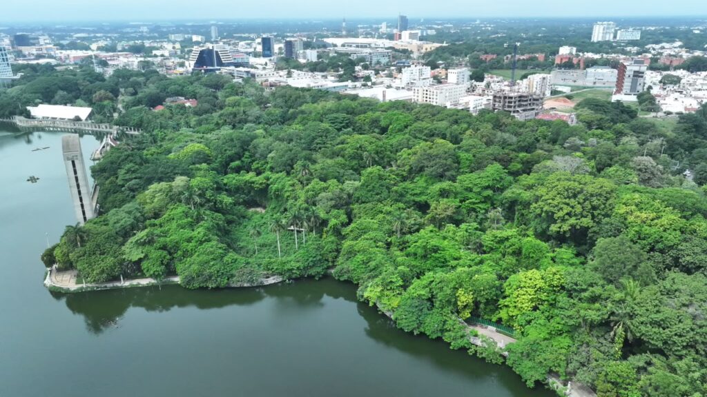 Vista aérea del Parque Museo La Venta, una masa de vegetación junto a la laguna, con edificios de Villahermosa al fondo